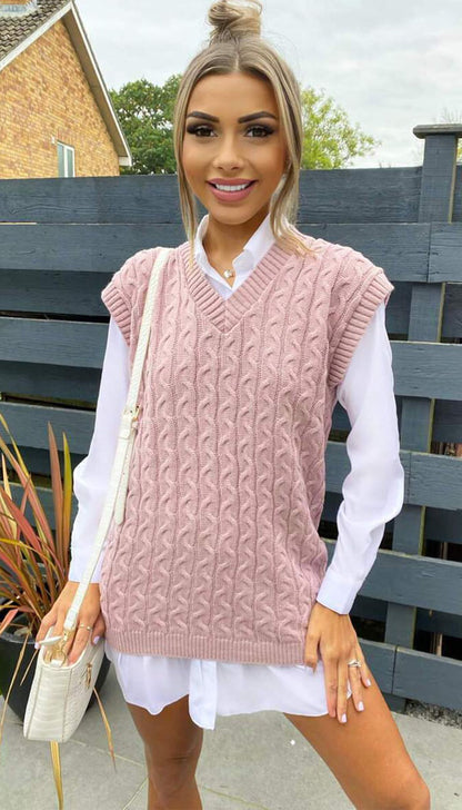 V- Neck Cable Tank Sleeveless Jumper - Dressmedolly