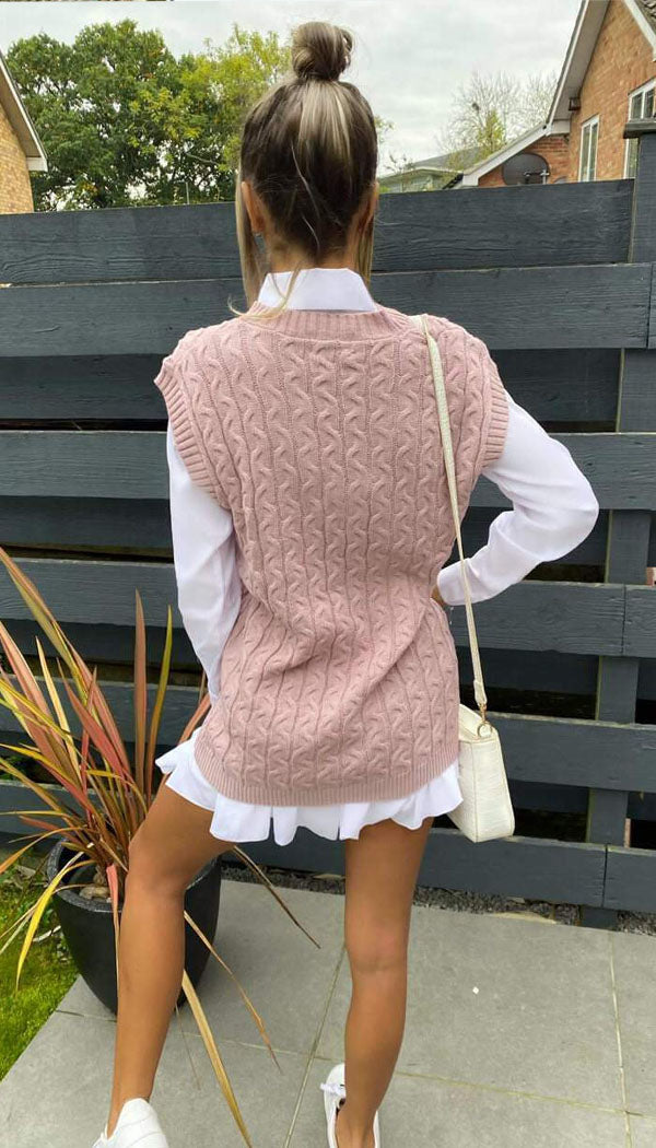 V- Neck Cable Tank Sleeveless Jumper - Dressmedolly