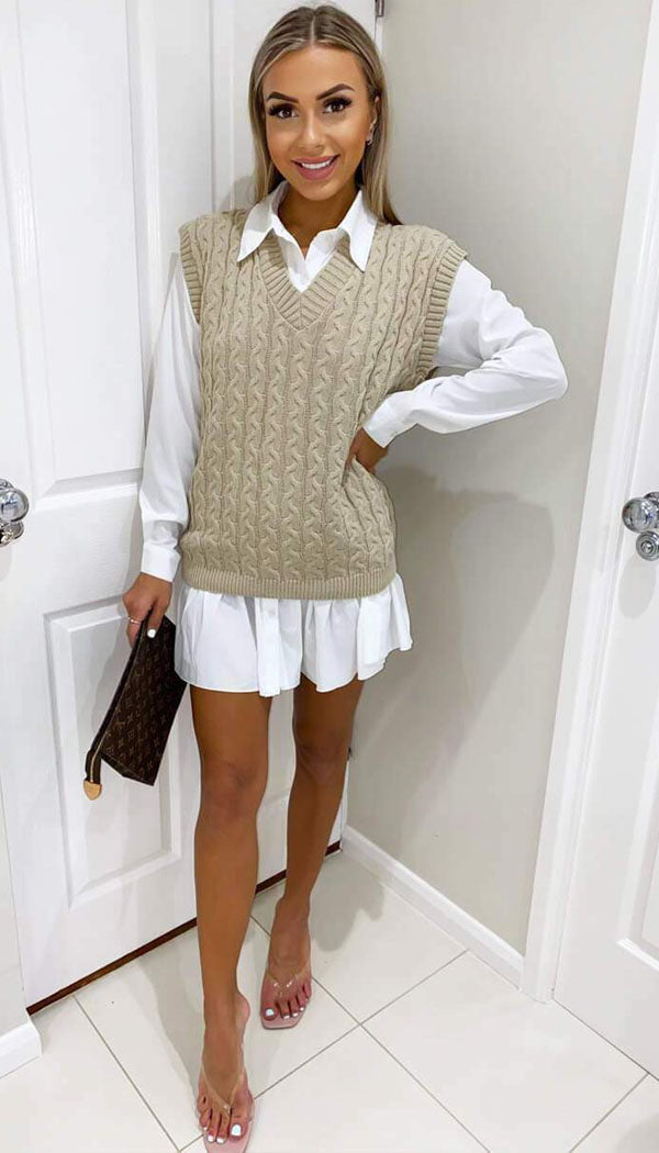 V- Neck Cable Tank Sleeveless Jumper - Dressmedolly