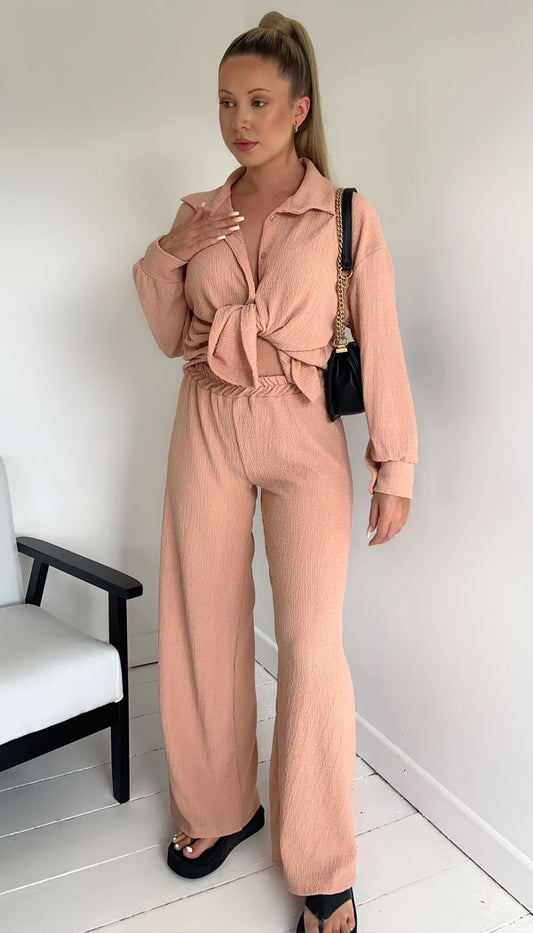 Textured Beach Button Shirt Trouser Two Piece Set - Dressmedolly
