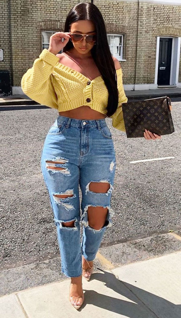 Cropped Button Knitted Cardigan with Long Sleeves - Dressmedolly