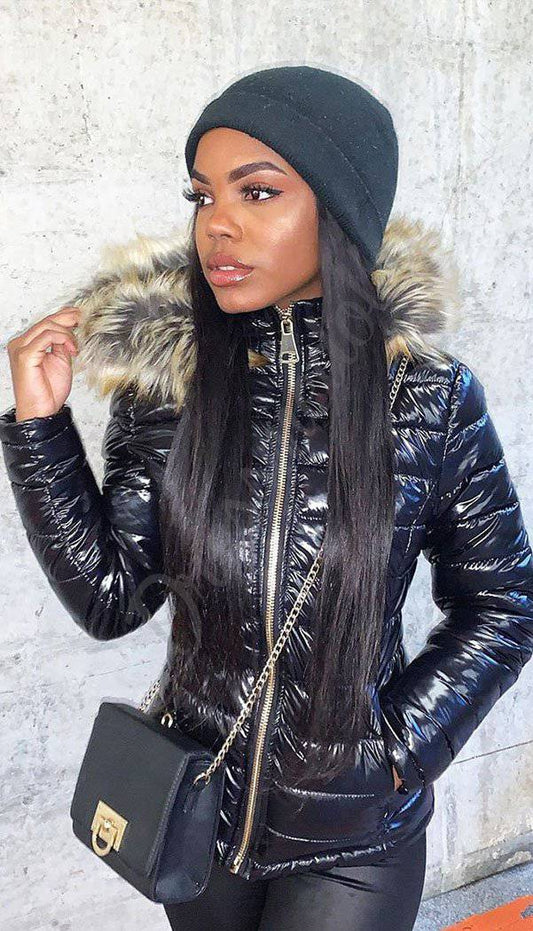 Wet Look Quality Puffer Coat with Faux Fur Hood - Dressmedolly