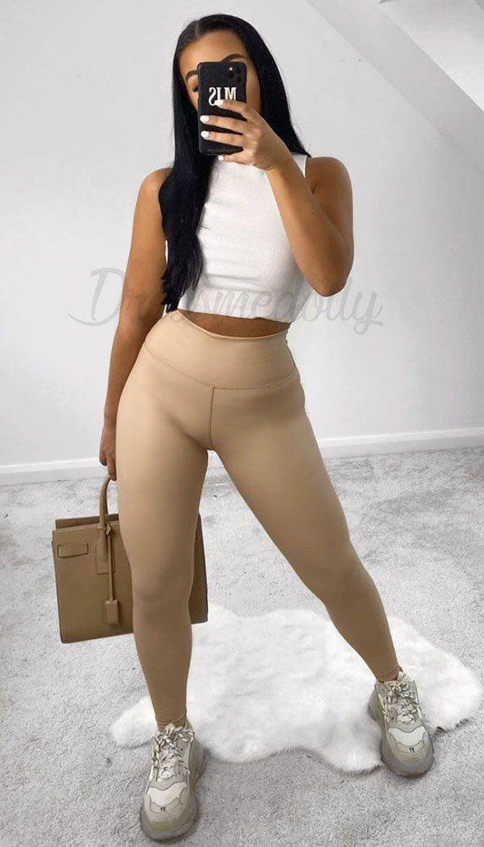 High Waisted Faux Leather Leggings In Beige - Dressmedolly