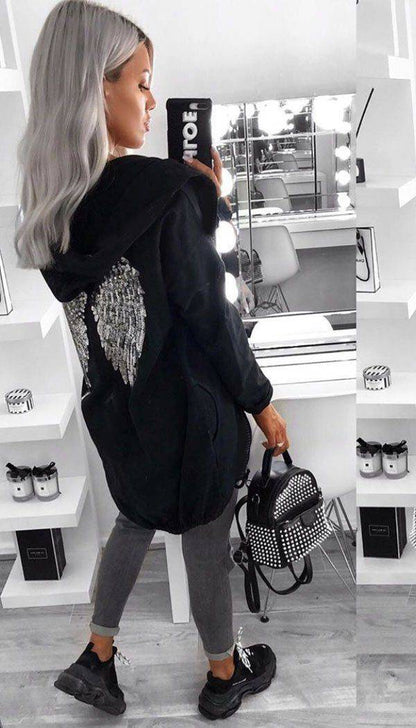 Sequin Angel Wings Hoodie In Black - Dressmedolly