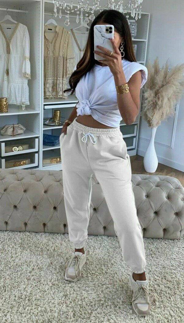 White String Cuffed Jogger - Dressmedolly