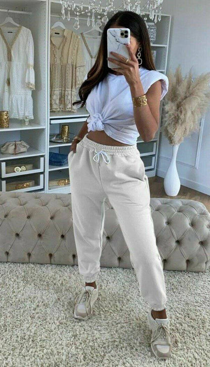 White String Cuffed Jogger - Dressmedolly