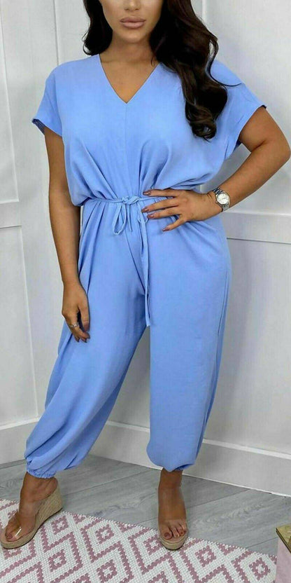 V-Neck Belted Short Sleeved Jumpsuit - Dressmedolly