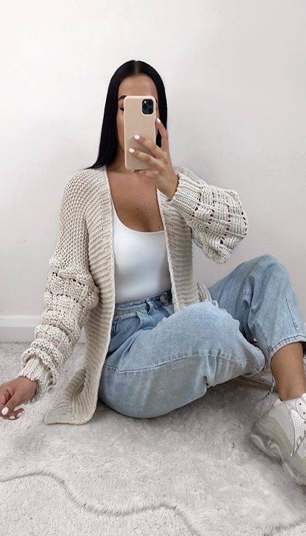 Bubble Sleeved Chunky Knitted Cardigan - Dressmedolly