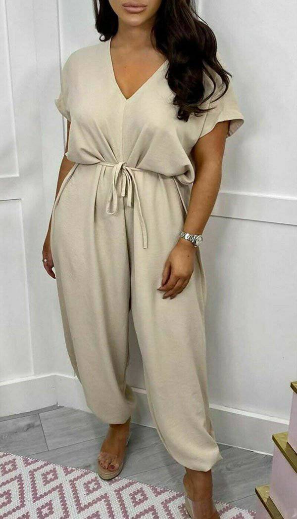 V-Neck Belted Short Sleeved Jumpsuit - Dressmedolly