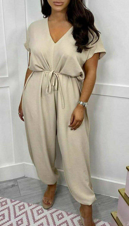 V-Neck Belted Short Sleeved Jumpsuit - Dressmedolly