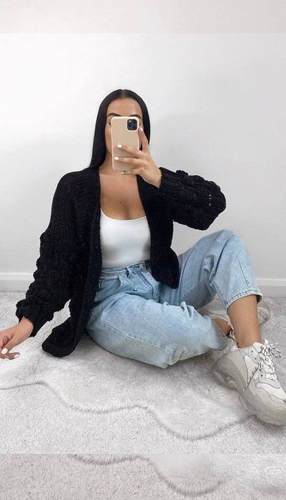 Bubble Sleeved Chunky Knitted Cardigan - Dressmedolly