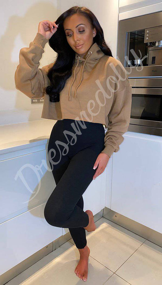 Cropped Drawstring Hoodie in Camel - Dressmedolly