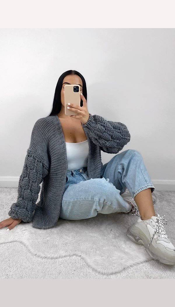 Bubble Sleeved Chunky Knitted Cardigan - Dressmedolly