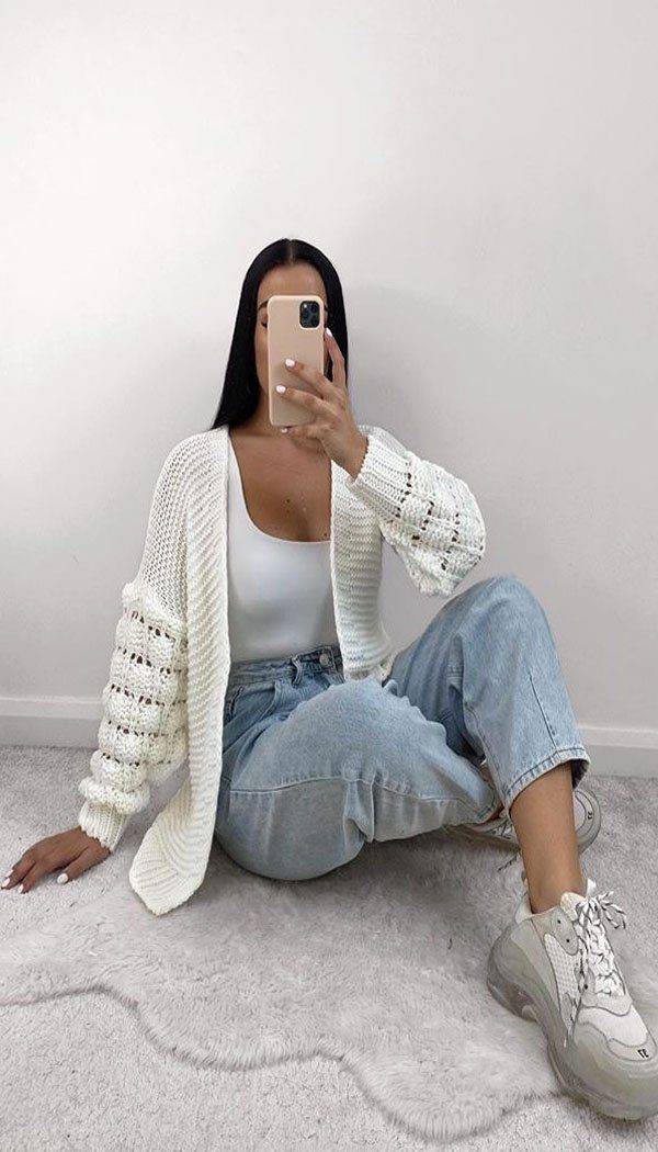 Bubble Sleeved Chunky Knitted Cardigan - Dressmedolly
