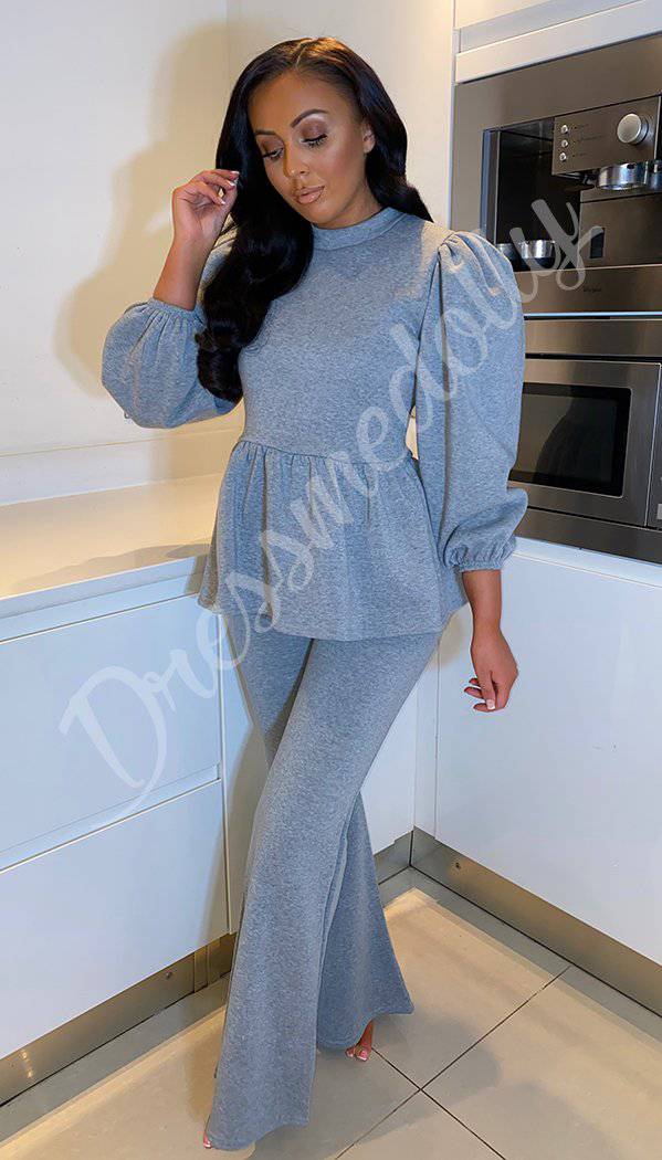The Dolce Puffe Sleeved Flared Bottoms Two Piece Peplum Set - Dressmedolly