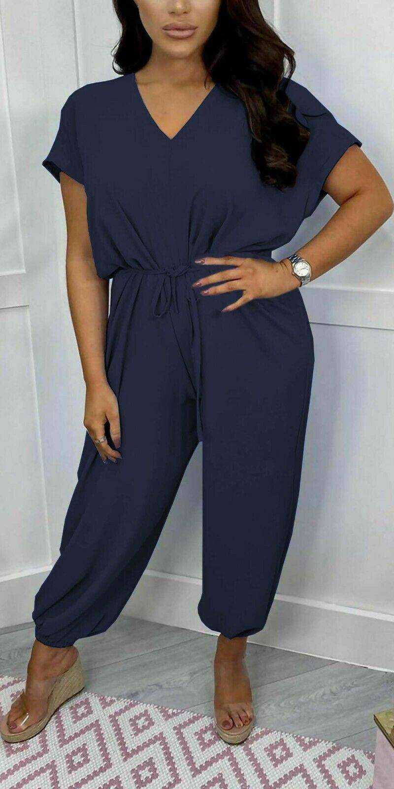 V-Neck Belted Short Sleeved Jumpsuit - Dressmedolly