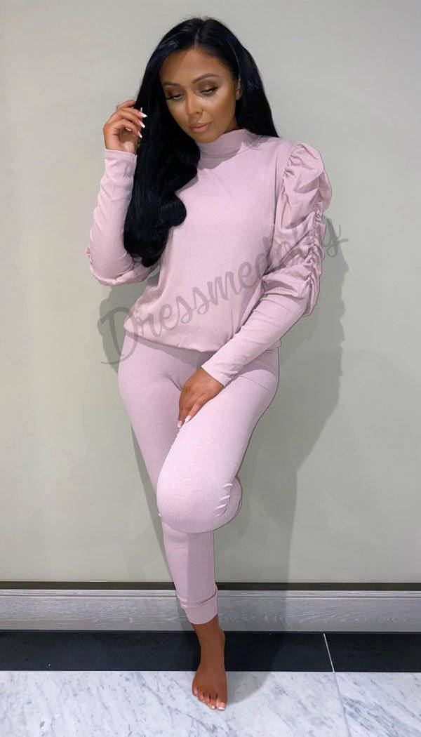 Ruche Ruffle Sleeved Ribbed Two Piece Set - Dressmedolly