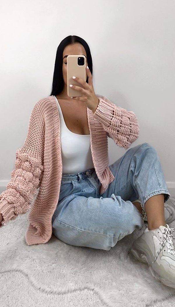 Bubble Sleeved Chunky Knitted Cardigan - Dressmedolly
