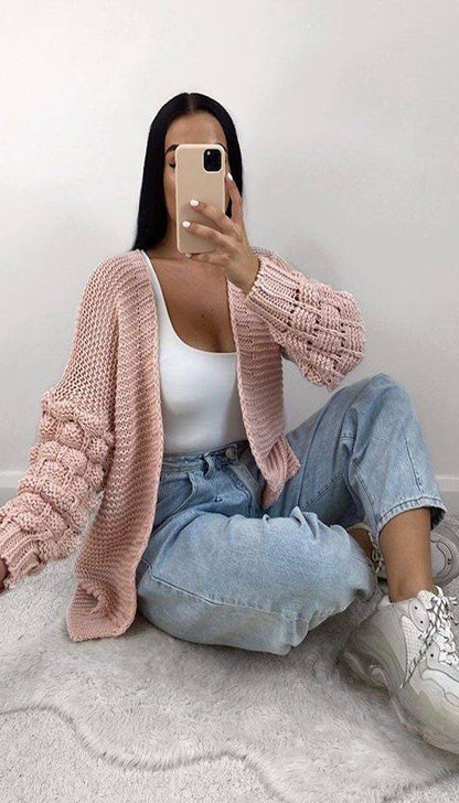 Bubble Sleeved Chunky Knitted Cardigan - Dressmedolly