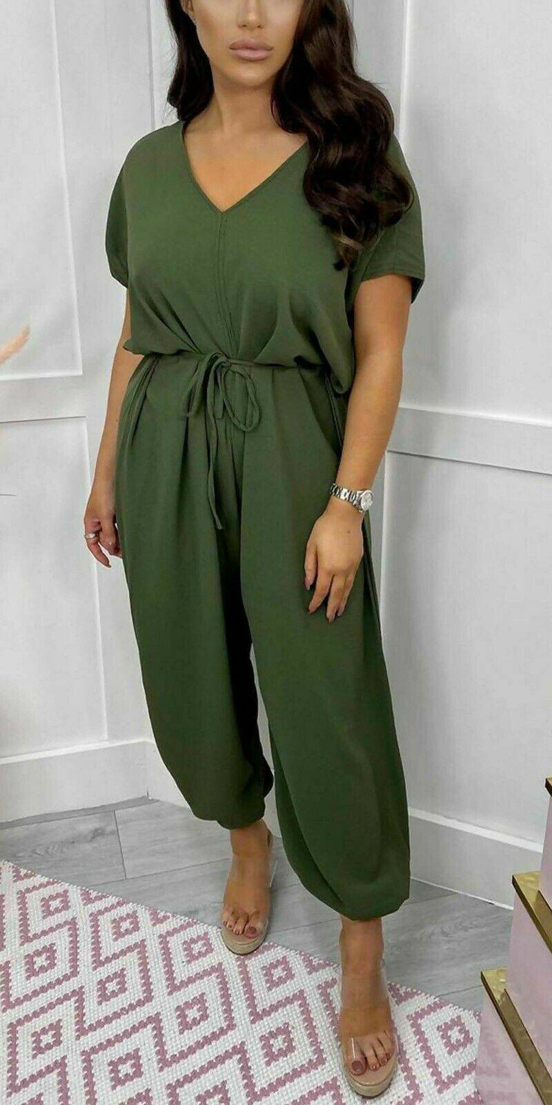 V-Neck Belted Short Sleeved Jumpsuit - Dressmedolly