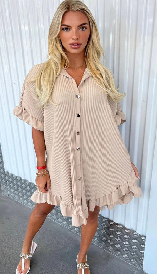 Gold Button Pleated Summer Smock Shirt Dress - Dressmedolly