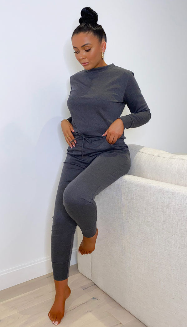 Long Sleeved Plain Lounge Wear Two Piece - Dressmedolly