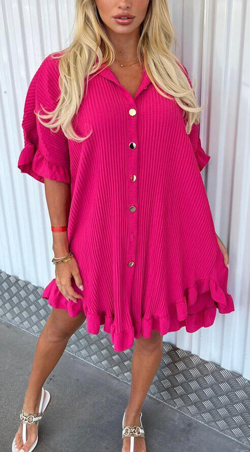 Gold Button Pleated Summer Smock Shirt Dress - Dressmedolly