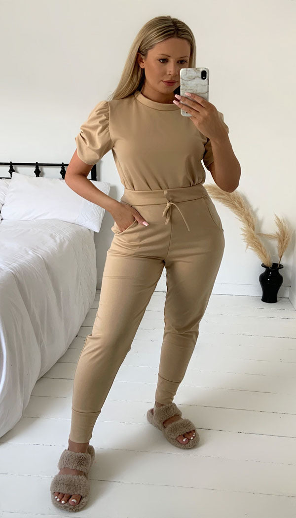 Short Sleeved Ruche Arm Ponti Jogger Two Piece Loungewear Set - Dressmedolly