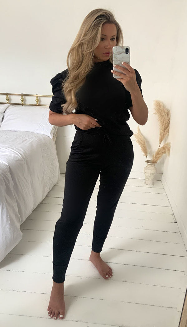 Short Sleeved Ruche Arm Ponti Jogger Two Piece Loungewear Set - Dressmedolly