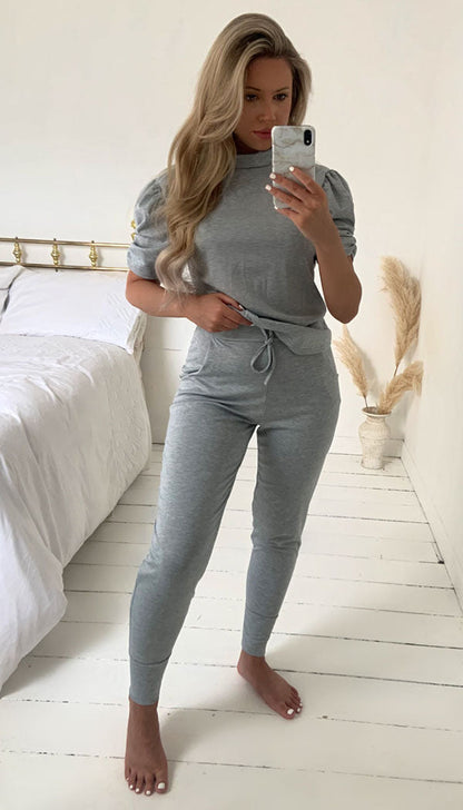 Short Sleeved Ruche Arm Ponti Jogger Two Piece Loungewear Set - Dressmedolly