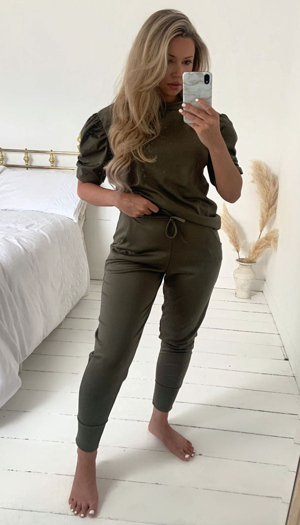 Short Sleeved Ruche Arm Ponti Jogger Two Piece Loungewear Set - Dressmedolly